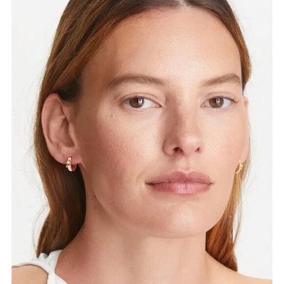 Tory Burch Serif-T Enamel Huggie Hoop Earrings Silver/Ivory OS - Picture 10 of 12